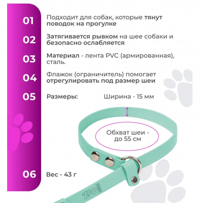 Ошейник-удавка биотановый ZooOne, плоский, с 2-я кольцами, 15мм*55 см (БИРЮЗОВЫЙ)