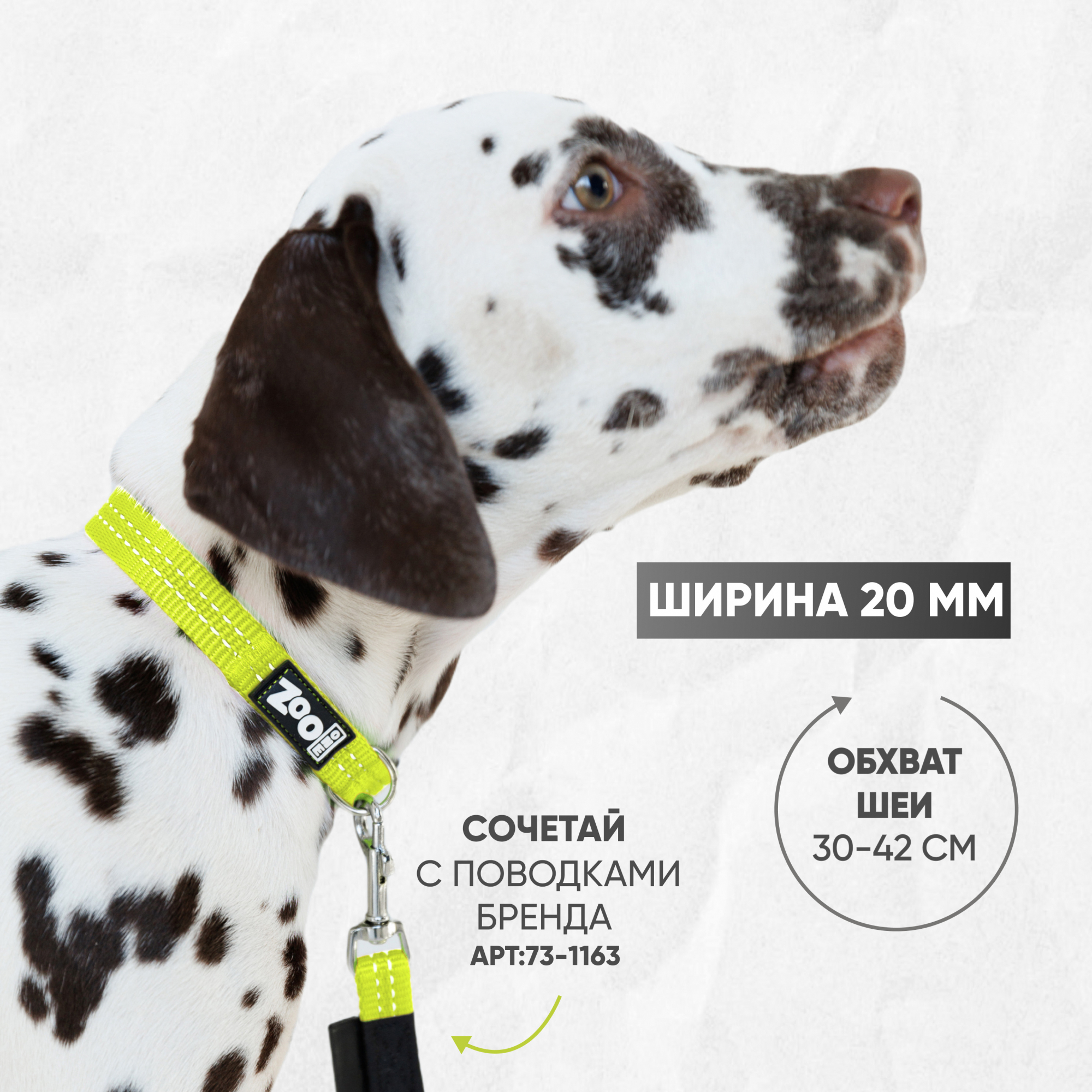 Ошейник нейлон, светоотражающий ZooOne, 20 мм*30-42 см (ЛАЙМ)