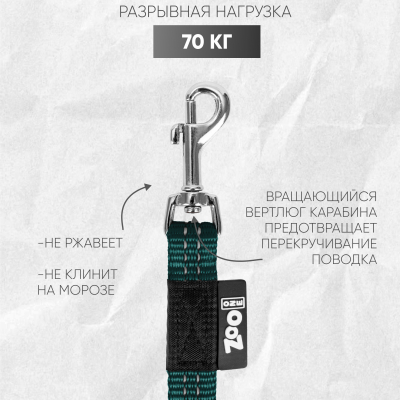 Поводок с карабином ZooOne, нейлон, светоотражающий 15мм*2м (ИЗУМРУДНЫЙ)