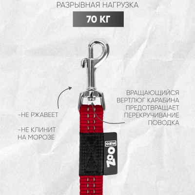 Поводок с карабином ZooOne, нейлон, светоотражающий 15мм*2м (ТЁМНО-КРАСНЫЙ)