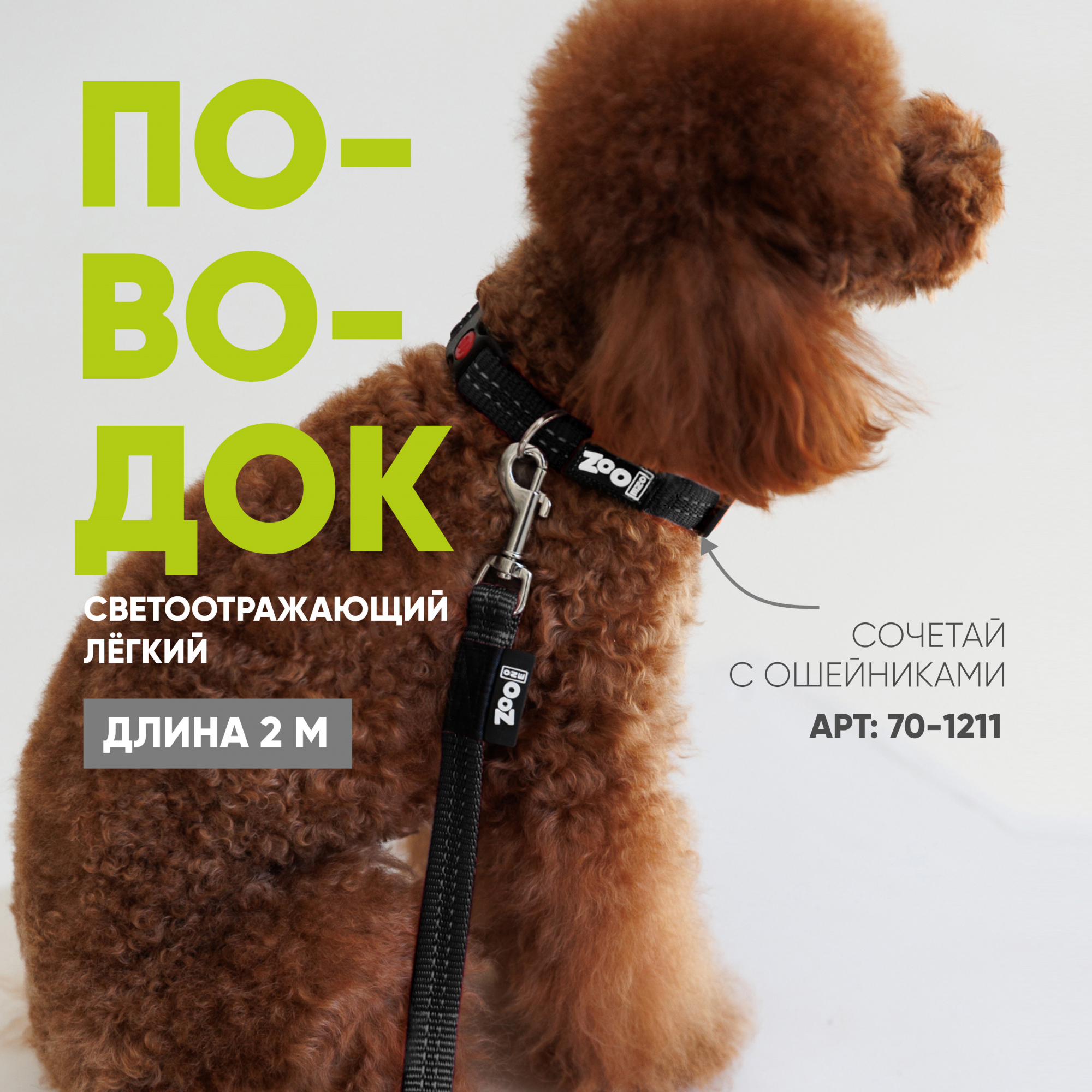 Поводок с карабином ZooOne, нейлон, светоотражающий 15мм*2м (ЧЁРНЫЙ)