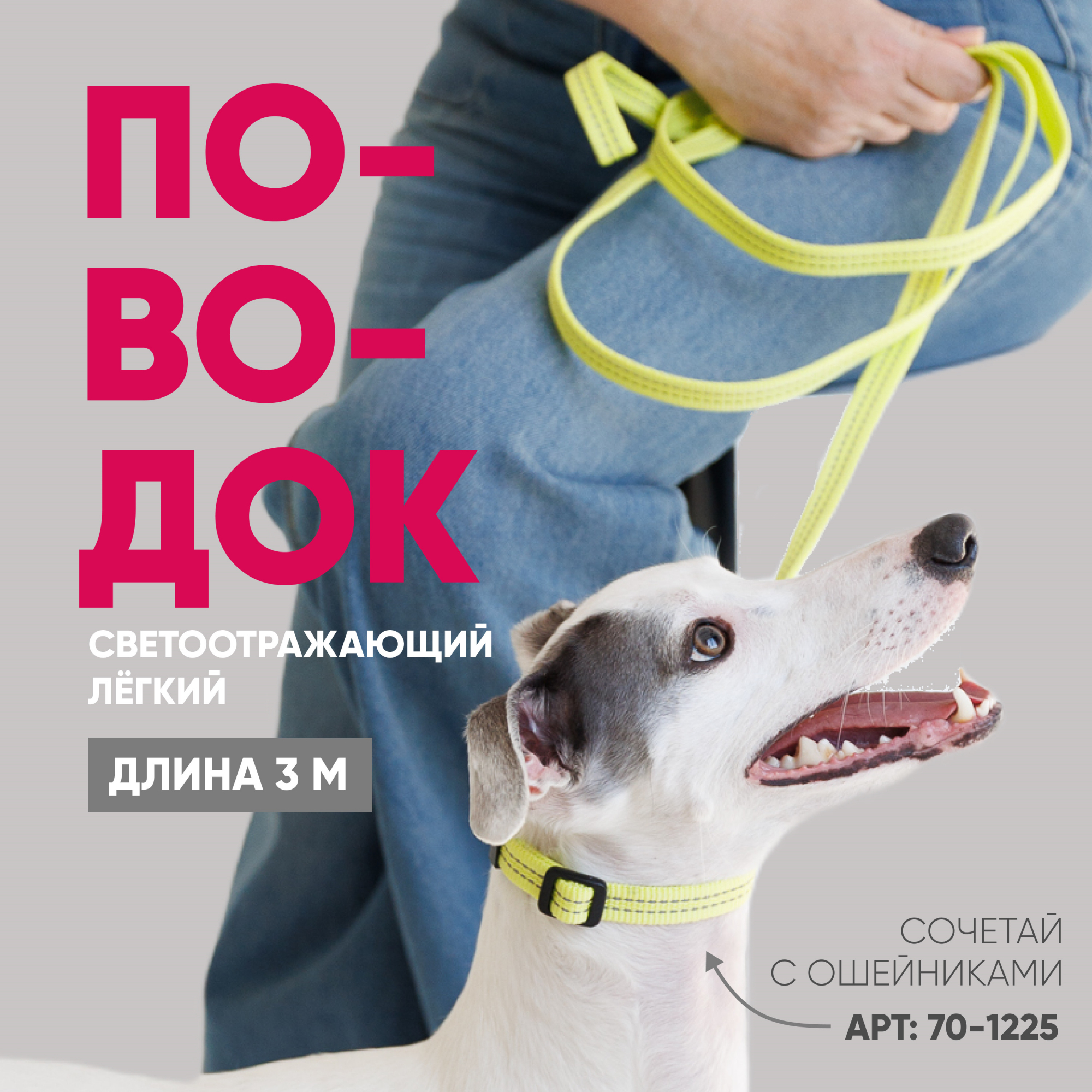 Поводок с карабином ZooOne, нейлон, светоотражающий 15мм*3м (ЛАЙМ)