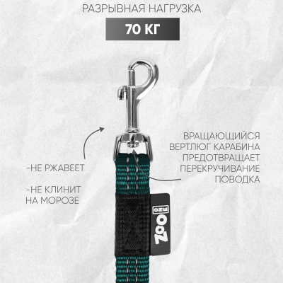 Поводок с карабином ZooOne, нейлон, светоотражающий 15мм*5м (ИЗУМРУДНЫЙ)